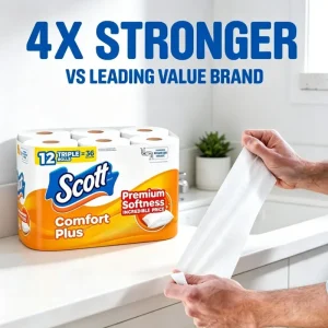 Scott Comfort Plus Soft Toilet Paper 12 Triple Rolls Absorbent Gentle Bathroom Tissue Household Daily Restroom Use